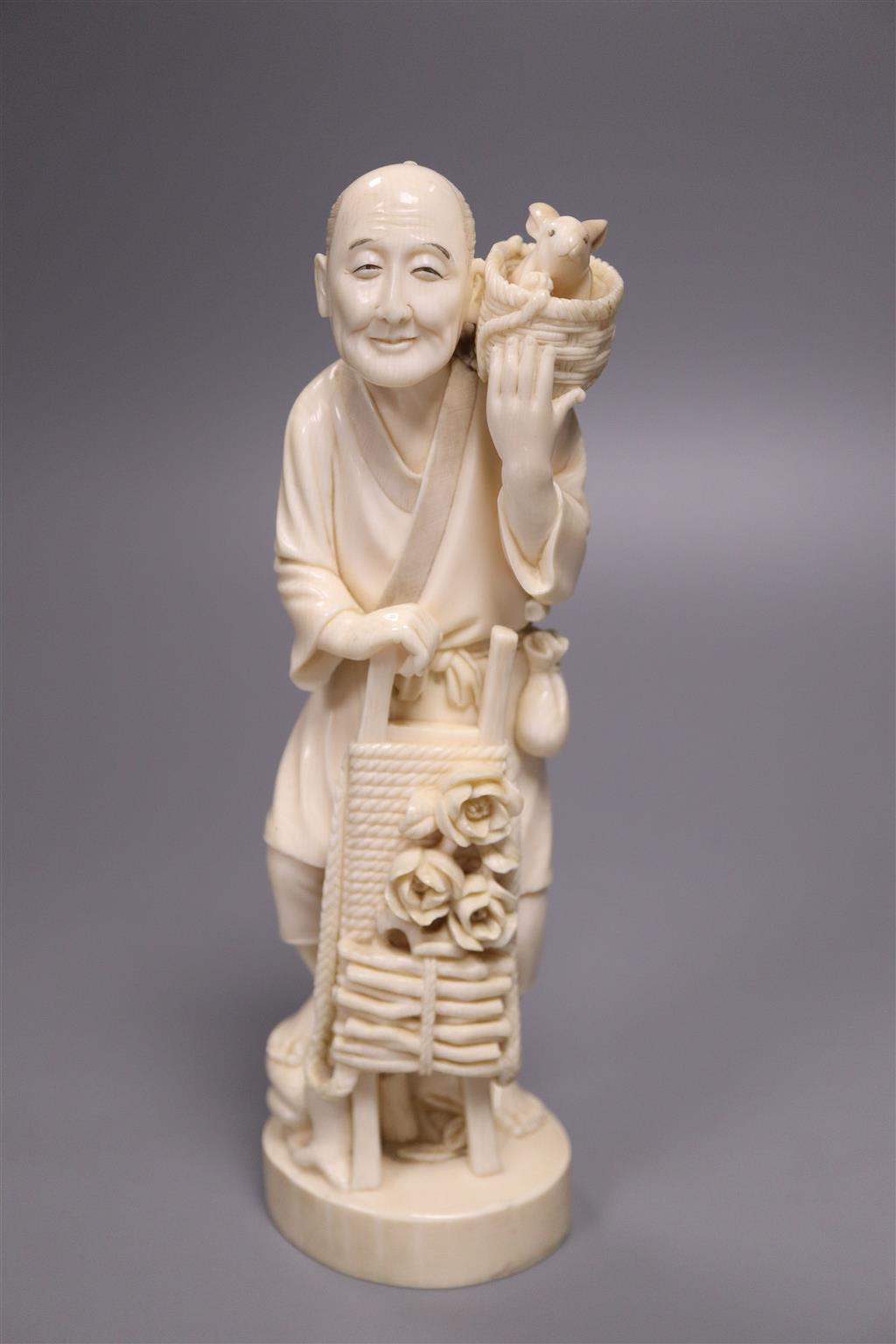 A Japanese Tokyo school ivory group of a farmer and a rabbit, Meiji period.